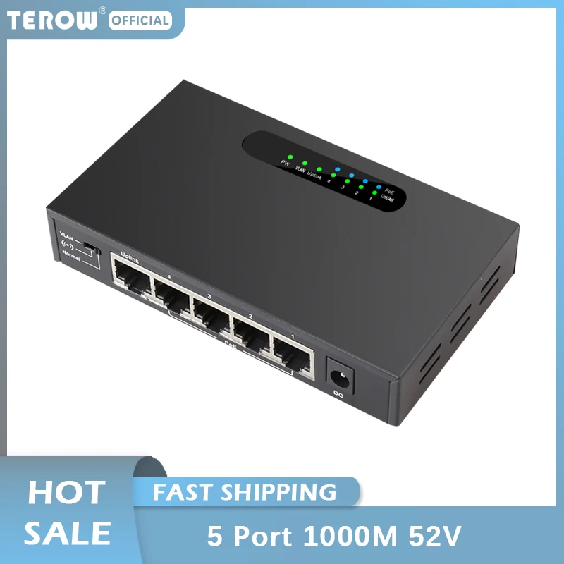 

TEROW 52V 1.25A 5Port Gigabit unmanaged POE Power Supply Switch with VLAN 1000M copper RJ45 Ports IEEE802.3af/at Ethernet Switch