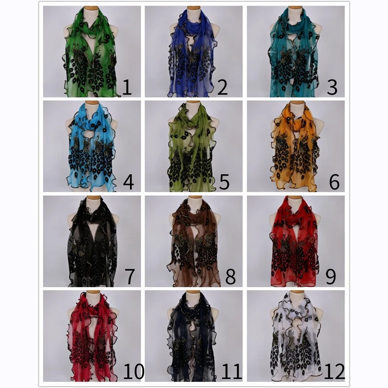 

Women Chiffon Peacock Feather Flower Embroidered Lace Stylish Scarf Long Soft Wrap Shawl Ladies Scarf