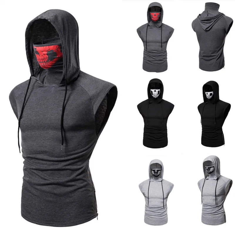 Футболка мужская с капюшоном без рукавов принтом черепа в стиле ниндзя летняя