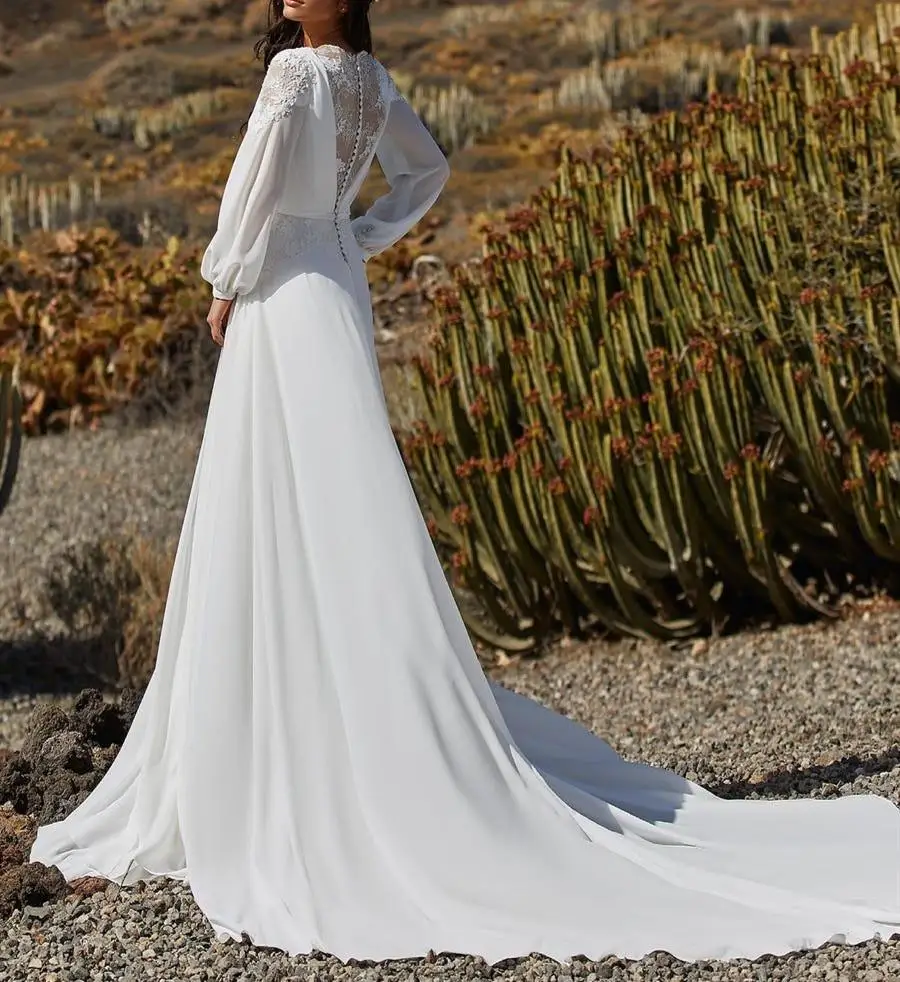 

Summer Chiffon Wedding Dresses Deep V Neck A Line Lace beach Bridal Gown Long Sleeves Plus Size Wedding Dress Vestido De Noiva