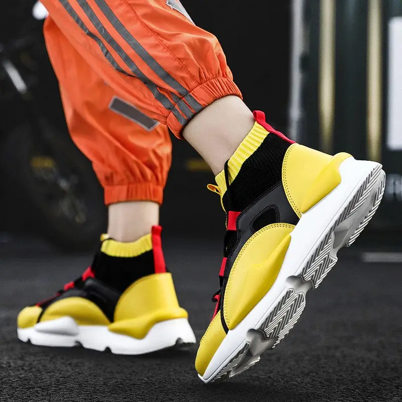 Высокие кроссовки носки для бега мужская спортивная обувь мужские желтые