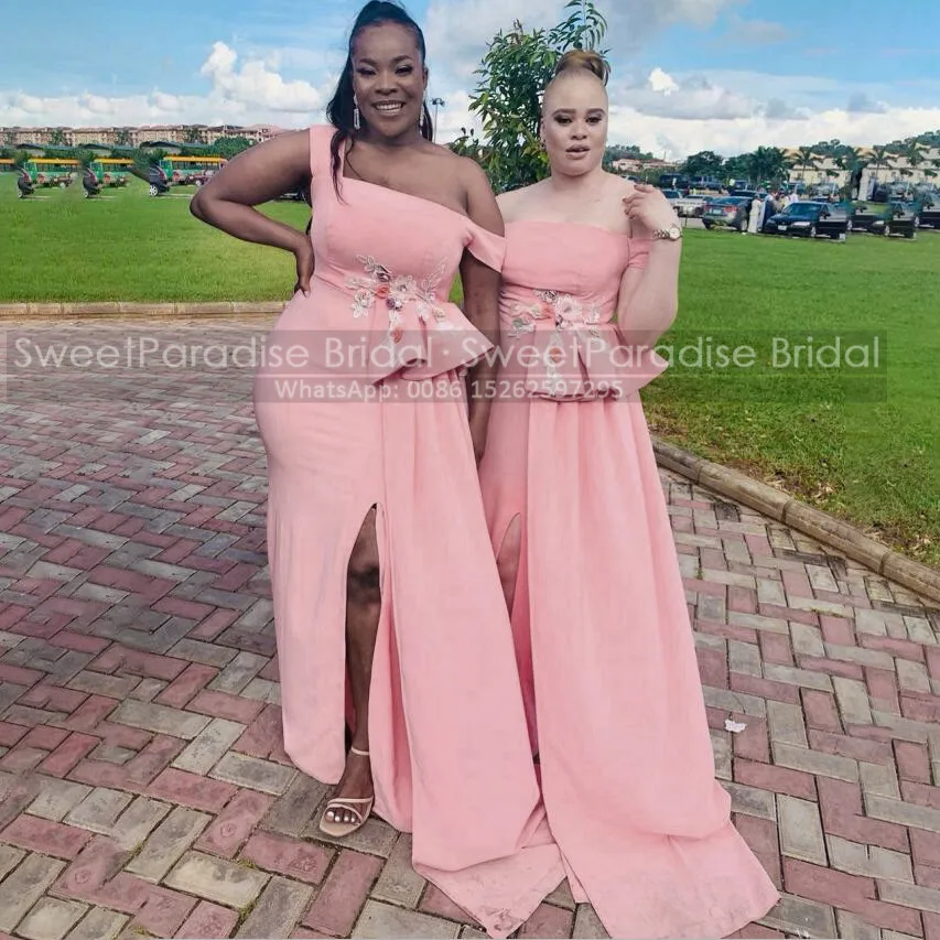 

Light Pink Mermaid Bridesmaid Dresses With Appliques Ruffles Streamer Off Shoulder Long Wedding Guest Dress Formal Party
