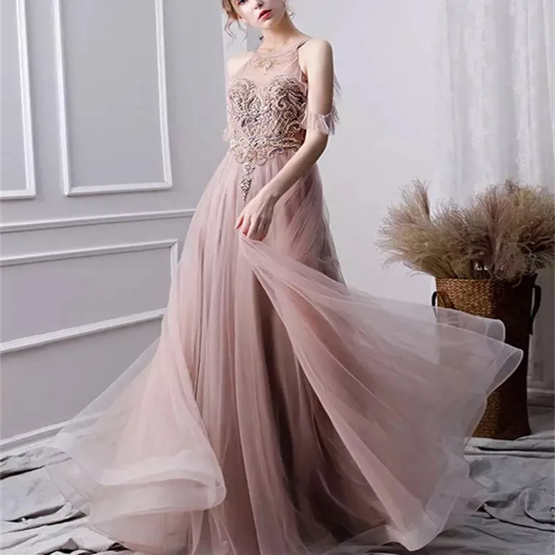 

LE4040 Latest Design Evening Dresses Off Shoulder Halter Neck Beading Diamonds Sexy Tulle Prom Dresses
