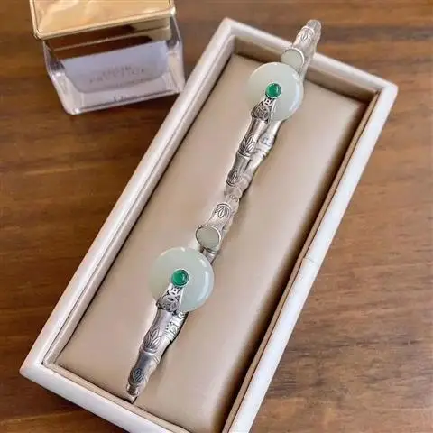 

Retro Sterling Silver Bamboo Bracelet for Women Simple Opening Hetian Jade Peace Buckle Antique Bracelet for Women Solid Chinese
