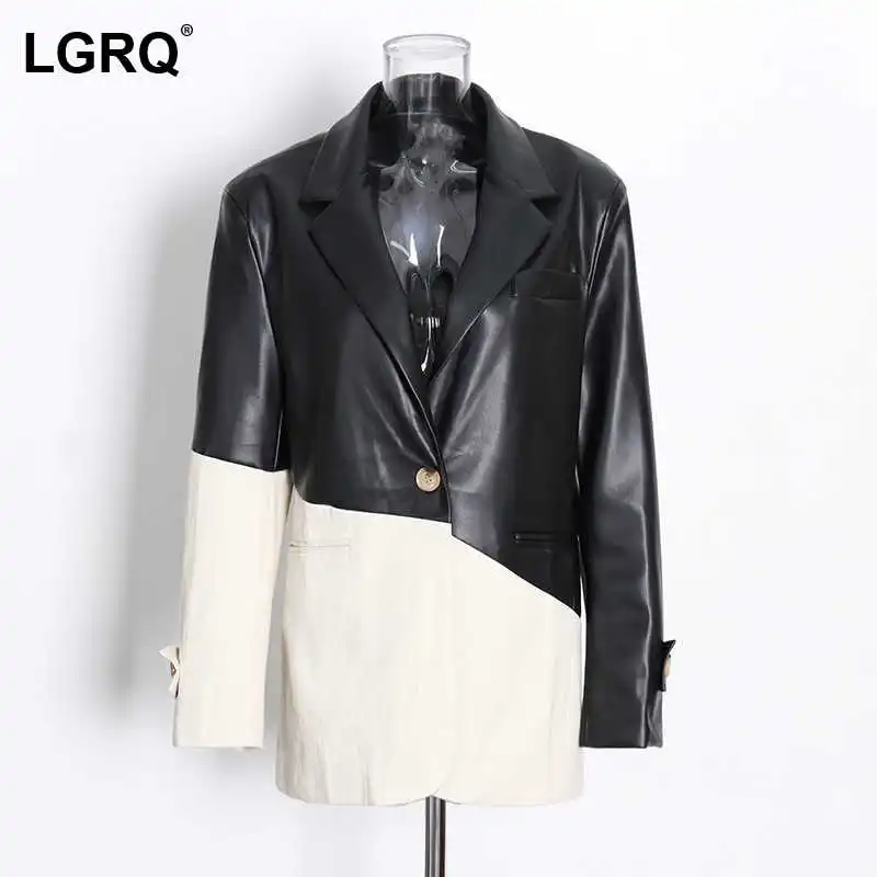 

[LGRQ] Woman Blazer PU Leather Hit Color Patchwork Notched Collar Long Sleeve High Street Style Jacket 2021 New Autumn 15XF863