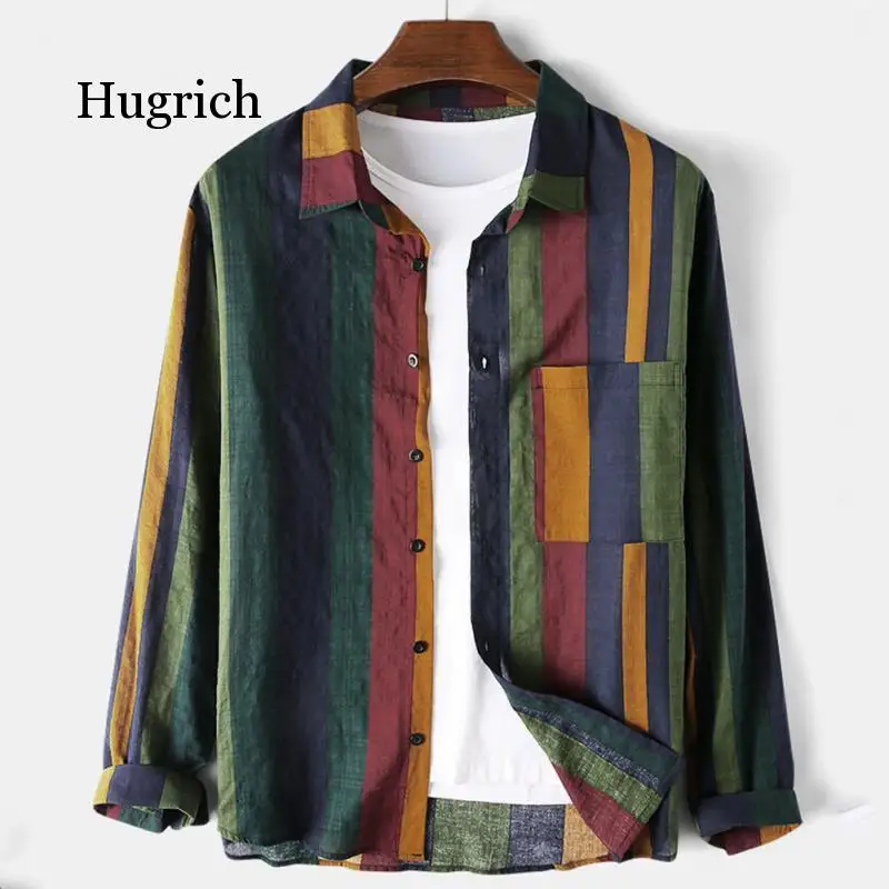 

2021 Vintage Stripe Shirt Men Long Sleeve Blouse Cotton Linen Male Shirts Breathable Casual Hip Hop Strretwear Stripe Men Shirts