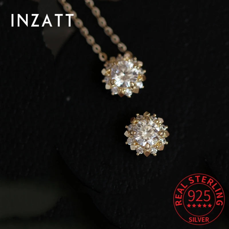 

INZATT Real 925 Sterling Silver Round Zircon Pendant Choker 14k Gold Necklace For Women Classic Fine Jewelry Drop Shipping