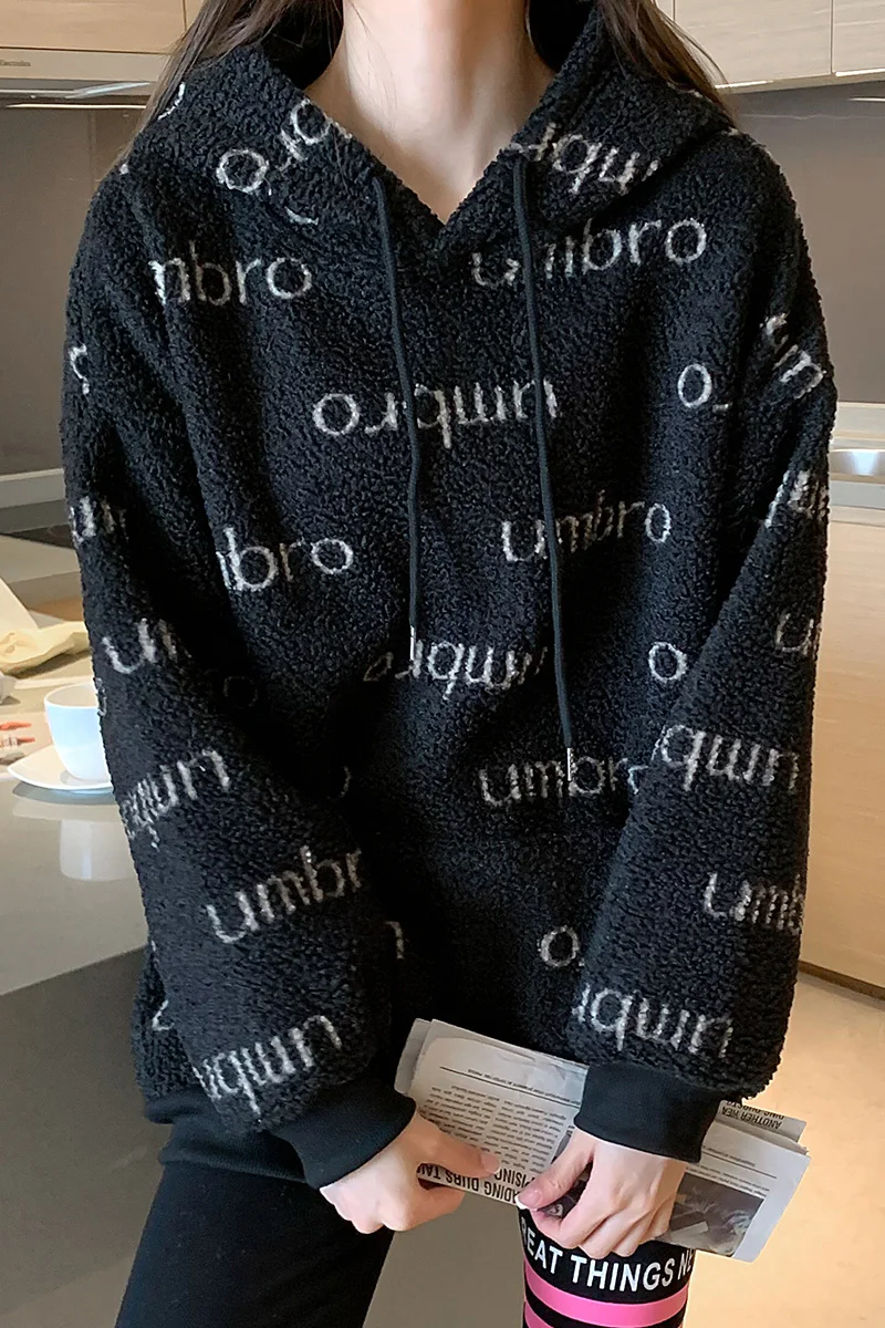 

Loose Casual Hoodies Ladies Lambswool Fleece Pullover Female Sweatshirt Autumn Winter Coat Stand Collar Women Women Harajuku