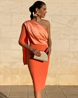 robe de soriee new long sleeve short cocktail party dresses with cape one shoulder women 2020 formal sexy orange prom gowns