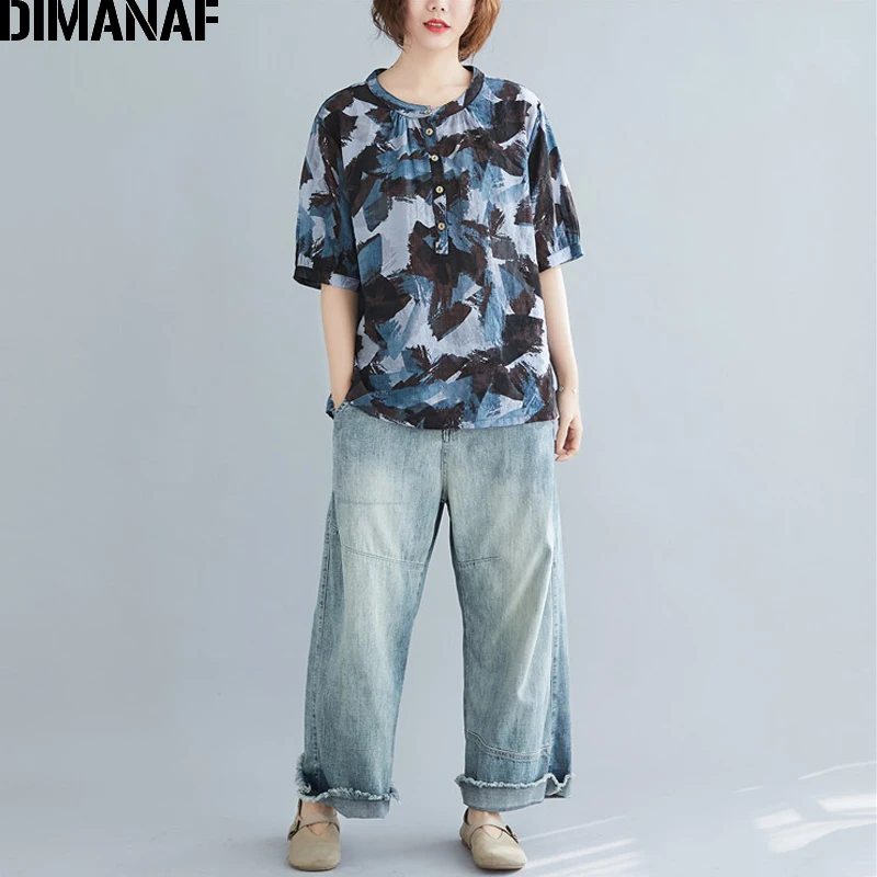 Женские летние платья DIMANAF размера плюс винтажная Базовая туника из хлопка и льна