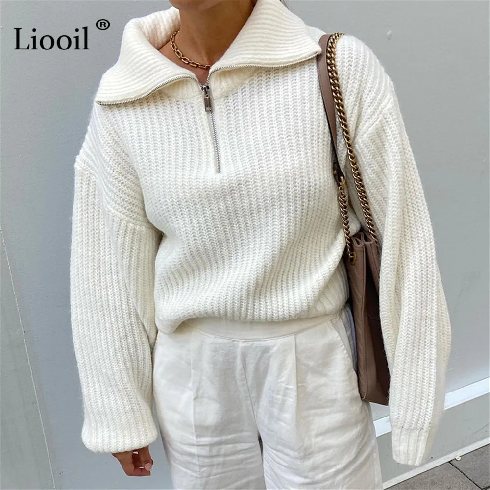 Белый вязаный мешковатый свитер привлекательный пуловер на молнии женские