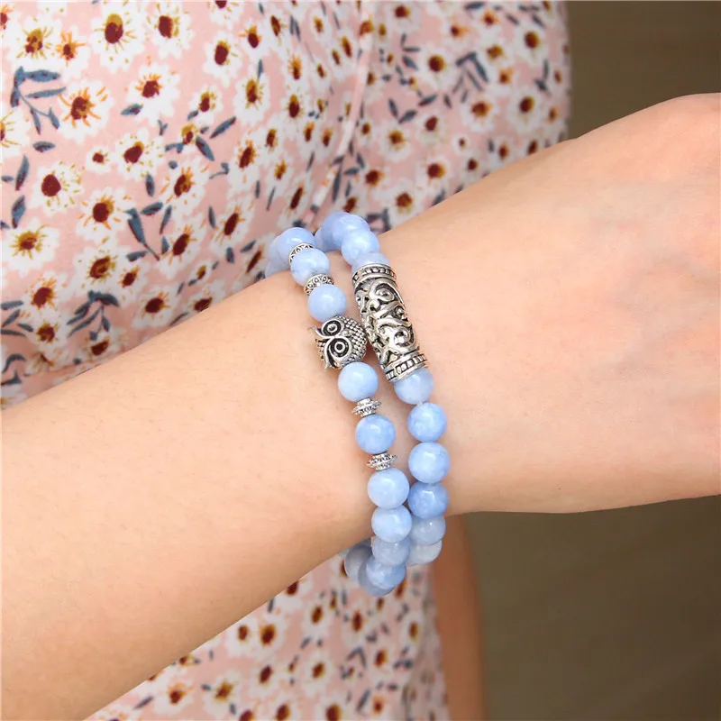 

2pcs/set Bracelet Owl Charm Bracelets For Women Men Trendy Natural Stone Jades Couple Combination Brangles Love Friendship Gift