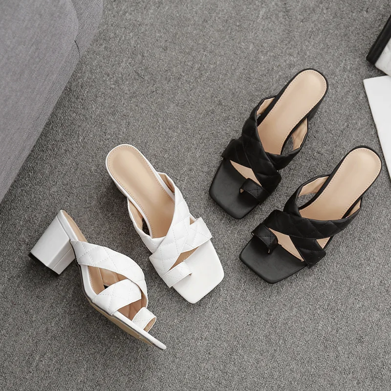 

Female Shoes Ladies' Slippers Med Women Heels Square heel Luxury Slides 2021 High Summer Soft Block Designer Rubber PU Fabric Fa