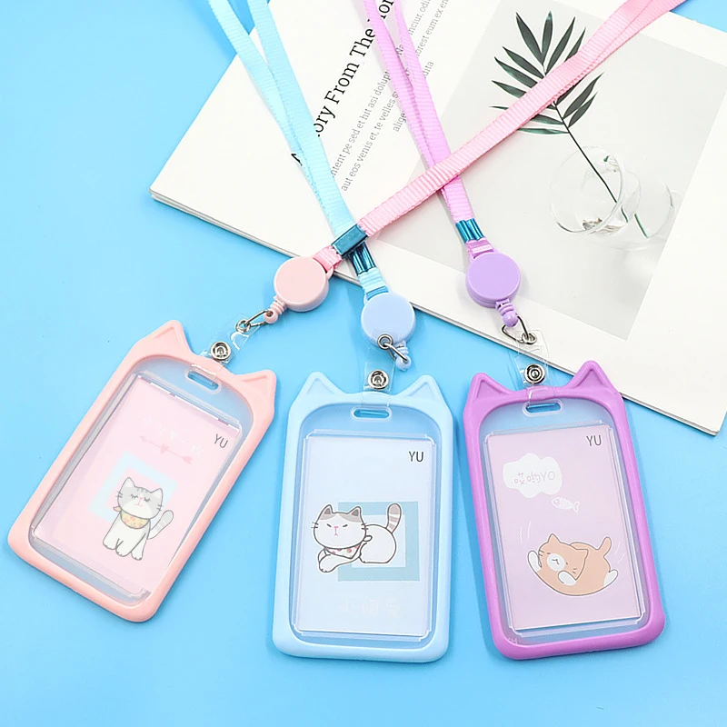 

1PC Credit Card Holder Bank Identity Cute Cartoon Cat Bus ID Card Holder Case with Retractable Reel Lanyard Credit Cover Case