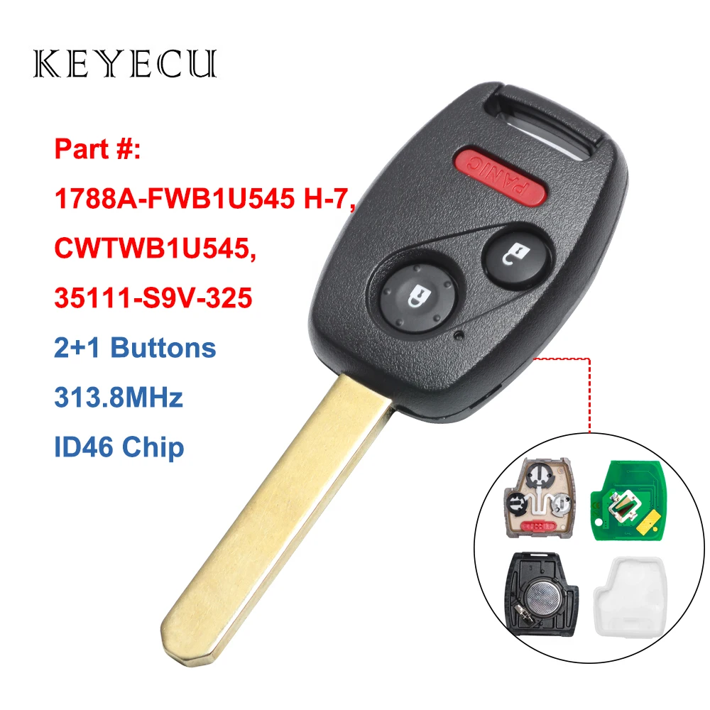 

Keyecu Car Remote Key Fob 2+1 Buttons 313.8MHz ID46 for Honda Pilot 2005 2006 2007 2008, FCC: CWTWB1U545