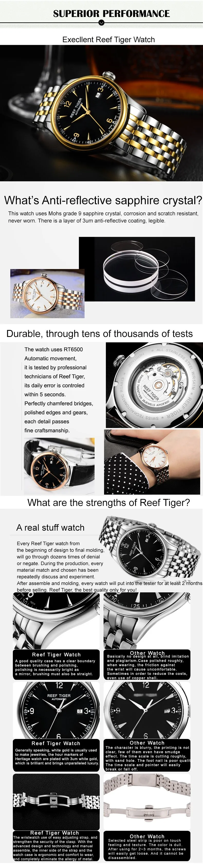 Мужские автоматические часы, наручные часы для мужчин Reef Tiger, мужские деловые брендовые водонепроницаемые механические наручные часы с кожаным ремешком, reloj RGA823