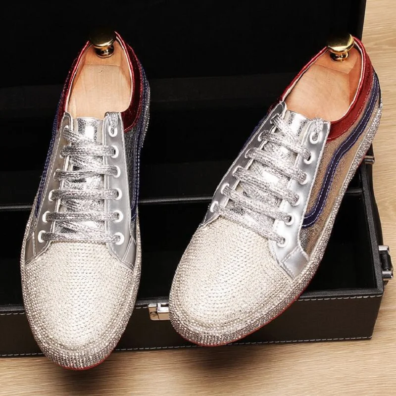 Мужские Блестящие модные кроссовки стразы из ПУ кожи со шнуровкой обувь для