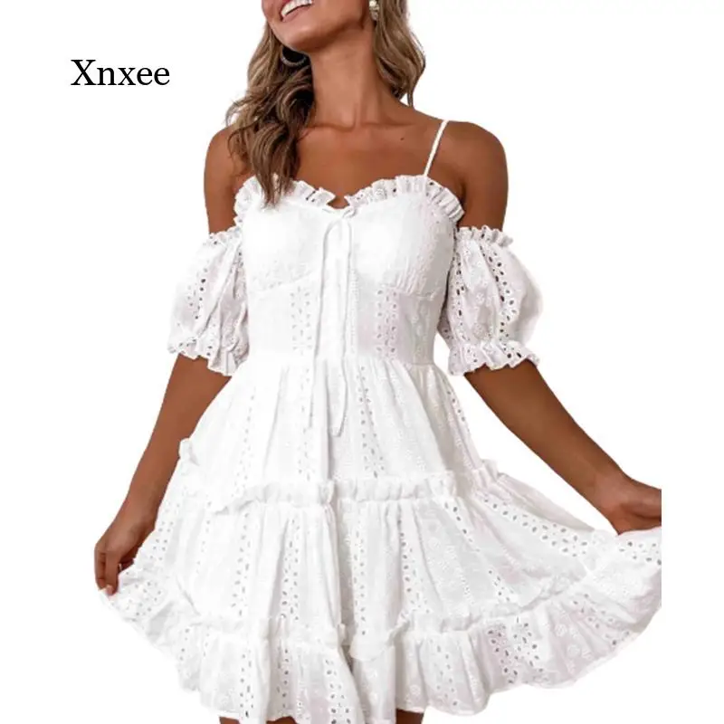 

2021 White Hollow Out Dress Ruffle Solid White Summer Women Spaghetti Strap Sexy Party Club Backless Mini Dress Vestidos Bodycon