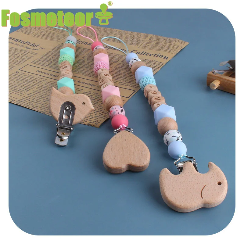 

Fosmeteor Baby Animal Pacifier Clip Chain Silicone Beads No BPA Wooden Holder Soother Pacifier Clips Nipple Holder for Infant