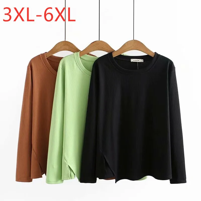 

New 2021 Ladies Autumn Winter Plus Size Basic Tops For Women Large Long Sleeve Slim Elastic Cotton Green T-shirt 3XL 4XL 5XL 6XL