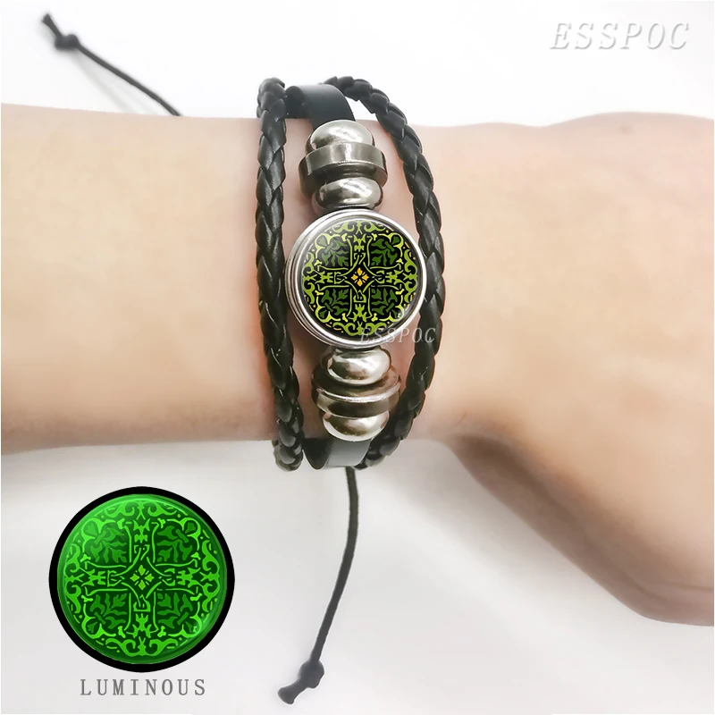 Светящийся браслет Shamrock с четырехлистным клевером стеклянный кабошон кожаные