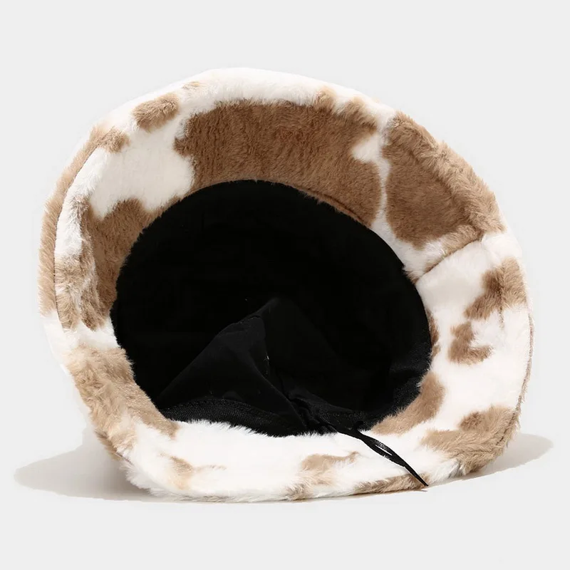

New Winter Cow Print Plush Bucket Hats For Women Tourism Outdoor Warm Hat Soft Velvet Fisherman Cap Lady Fashion Panama Present