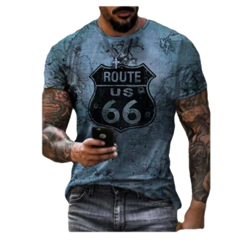 

Summer Men's T-shirt Highway 66 3D Printing Round Neck Short Sleeve Customizable Loose Plus Size Street Pullover Shirt 2021