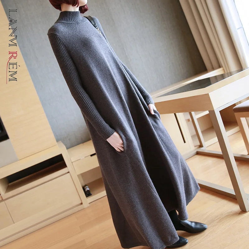 

LANMREM 2021 Autumn knitted sweater dresses 2021 new women's mid-length loose long sleeve long sweater famale YJ927