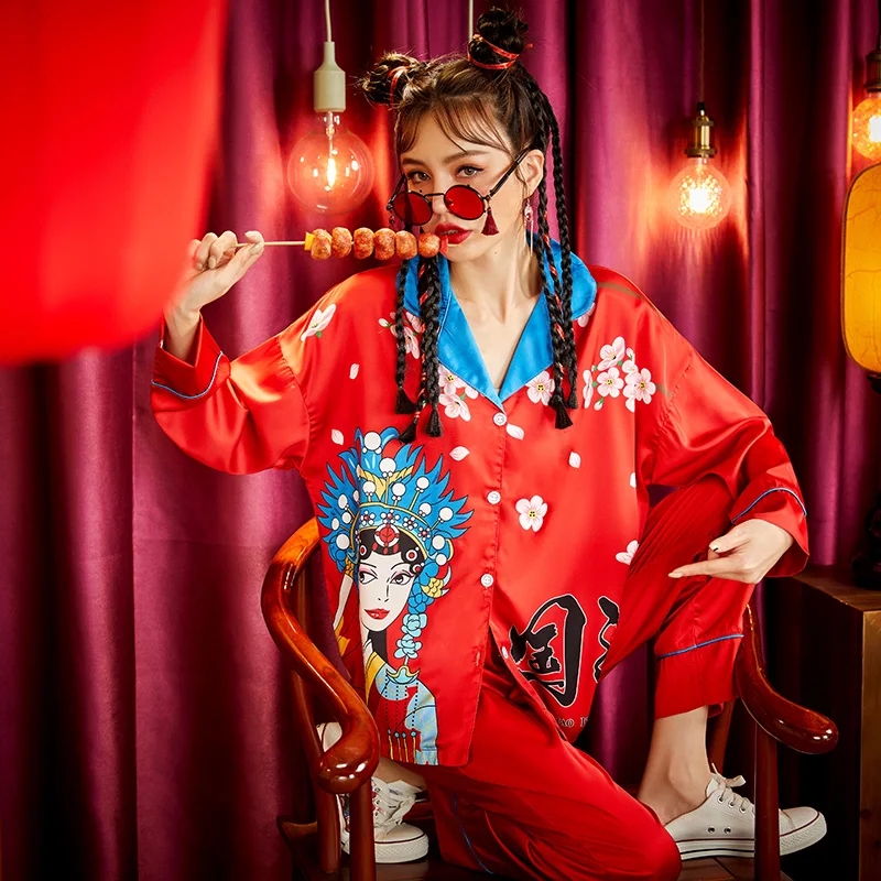 Summer Pajamas Women Sleepwear Chinoiserie Snow and Ice Silk Princess Style Spring Plus Size Pajama Set The Tide High Quality