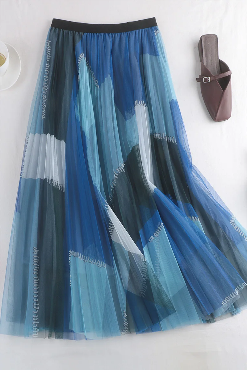 

spring new big swing skirt high waist thin double-layer mesh skirt female mid-length a-line pleated skirt 767