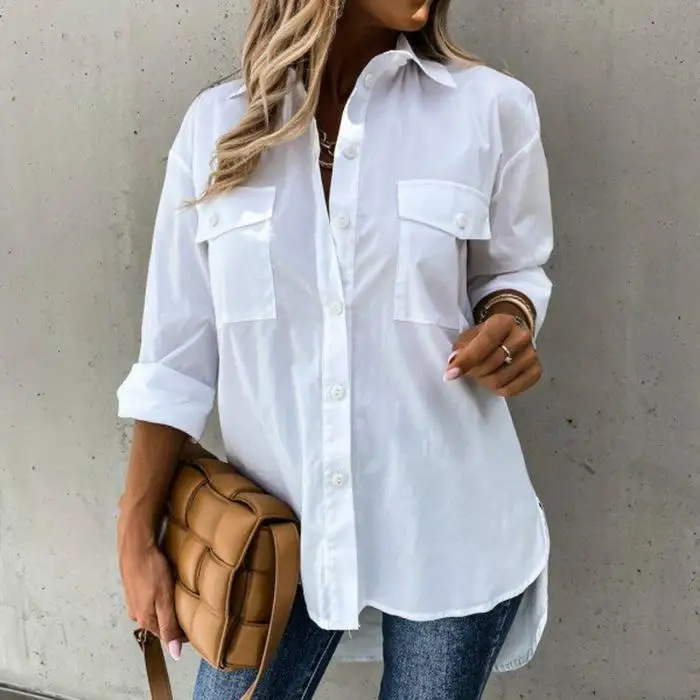 wsevypo Casual Women Button-down Shirt Solid Color Long Sleeve Lapel Irregular Hem Loose Tops Fall Spring Plain Shirts