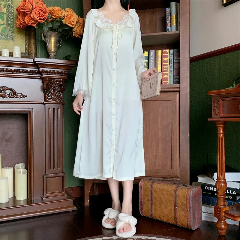 

2021 Nightdress Long-sleeved Loose Lace Trumpet Sleeve French Retro Princess Style Pajamas High Sense Sleep Dress Robe Sets