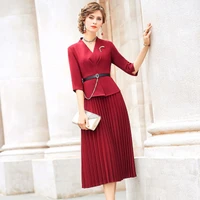 2 2021 fake pieces long length pleated dresses womens autumn spring solid slim fashion celebrity professional dress with belt