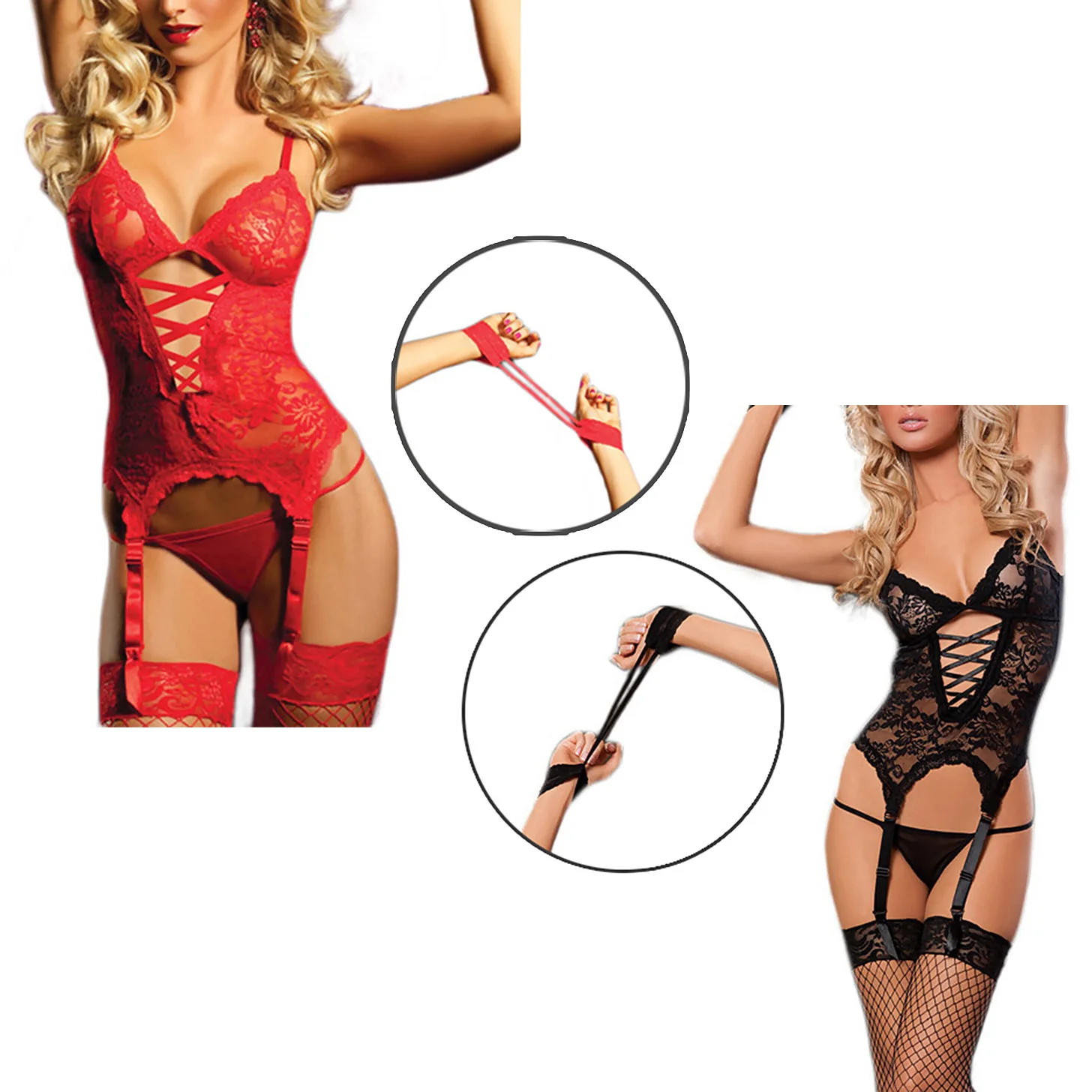 

Lingerie Set Sexy See Through Garter Belts Handcuff Sleepwear Women Spandex Regular Black Red.