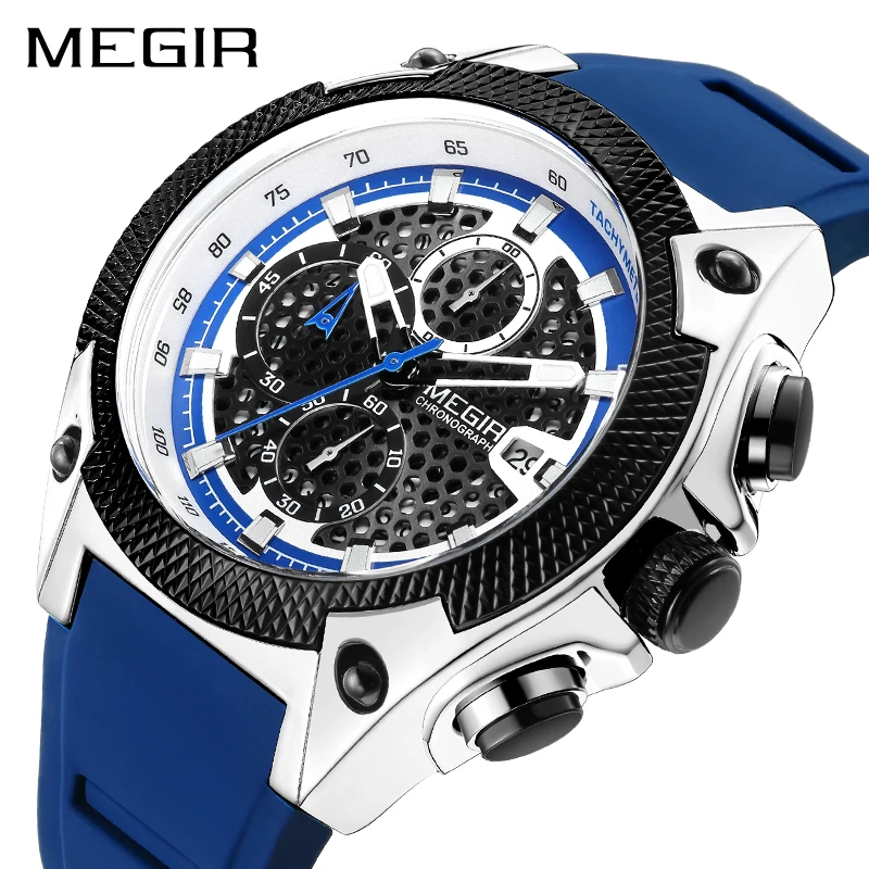 MEGIR Men Sport Watch Blue Silicone Strap Mens Watches Top Brand Luxury Luminous Waterproof Quartz Watch Man Relogio Masculino