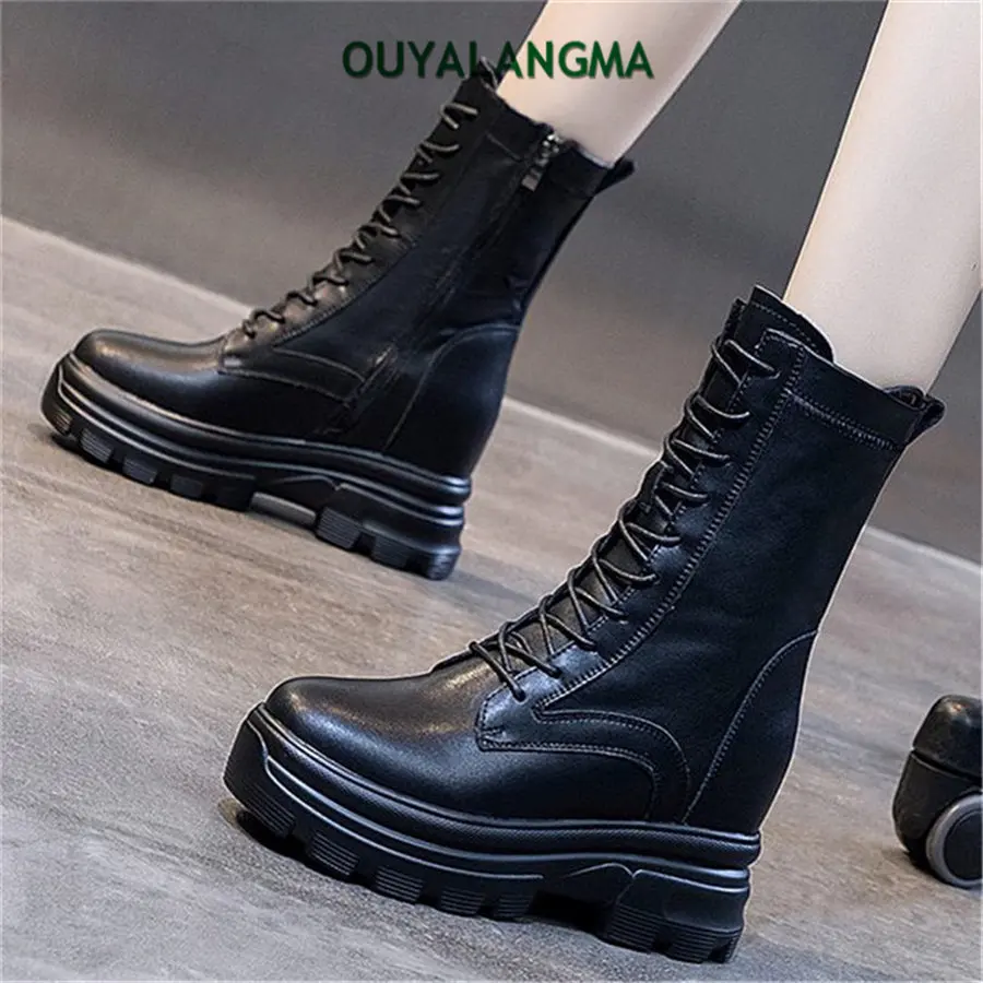 Punk Goth Military Riding Boots Women's Cow Leather Round Toe Platform Wedge Ankle Boots Chunky Heel Oxfords 34 35 36 37 38 39