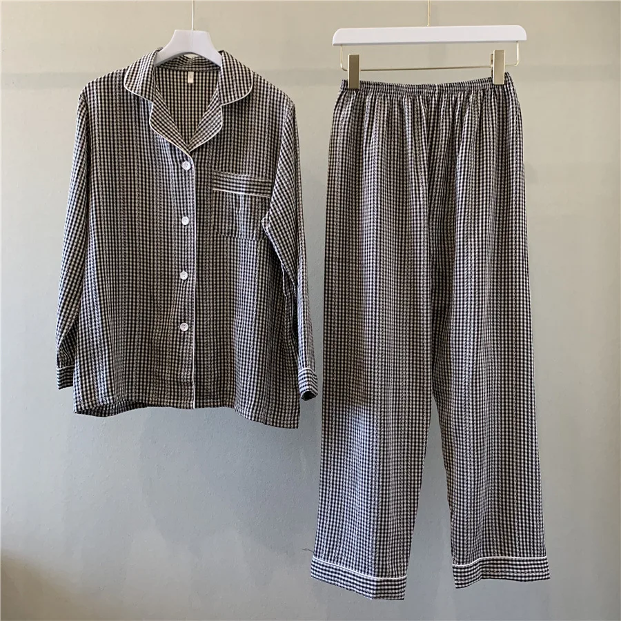 Простые весенние пижамные комплекты в клетку для женщин 100% хлопок повседневная