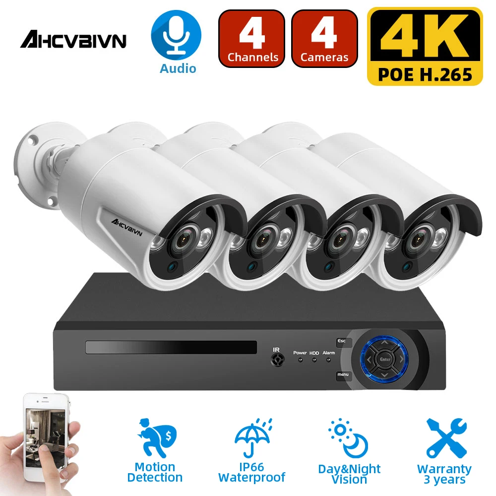 

4K Ultra HD Video surveillance camera kit 4X 8MP 8ch H265 DVR 30mNight Vision out door wate rproof cctv security camera system