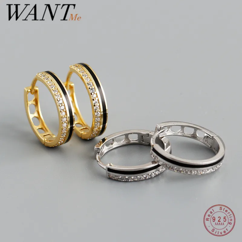 

WANTME 925 Sterling Silver Trendy European Black Y2K Enamel Huggise Hoop Earrings Women Classic Pendients Plata Piercing Jewelry