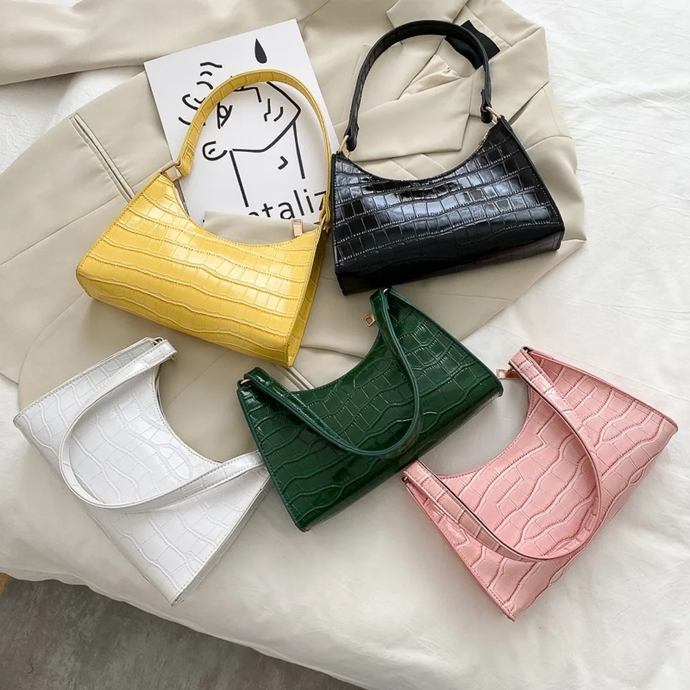 

Casual Crocodile Pattern Fashion Solid Color Baguette Bag for Women 2021 Retro Shoulder Bag Totes Female Leather Chain Handbag