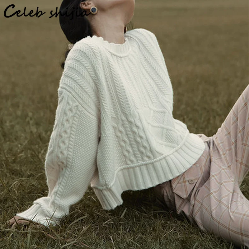 

Chic Cashmere Sweater Woman O-neck Knit Cropped Tops Fall Long Sleeve Blue Vintage Korean Fashion Winter Knitted Jumper Female