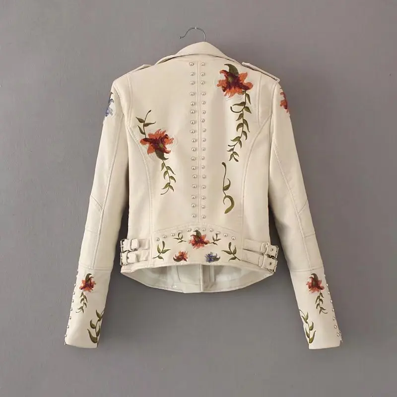 Women Flower Embroidery Punk Jacket Beige Motorcycle Rivet Zipper PU Leather Coat Slim Thin Short Girls Faux Streetwear | Женская одежда