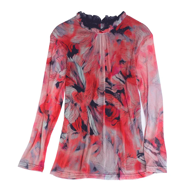 

100% Silk Women's Blouse Ruffled Collar Long Sleeves Floral Printed Silk Knitted Fashion T Shirt Tops