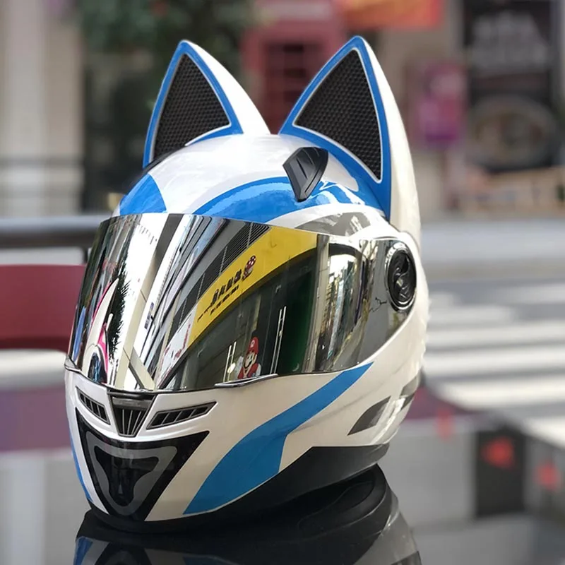 Мотоциклетный шлем Женский с ушками синий индивидуальная моторная шляпа на все