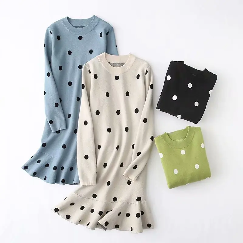 Женское трикотажное платье свитер в горошек Повседневный пуловер с круглым