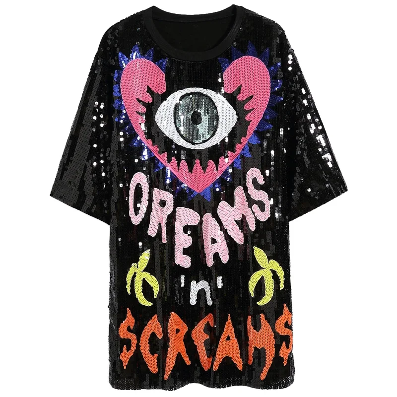 

2021 Summer Women Letter Sequins Short Sleeve Loose Chic Dress