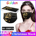 50 шт. Рождественская одноразовая маска для взрослых, унисекс, золотая, с принтом лося, черная маска, Пылезащитная маска, 3 слоя, для мужчин, женщин, мужчин, рождественские маски для взрослых