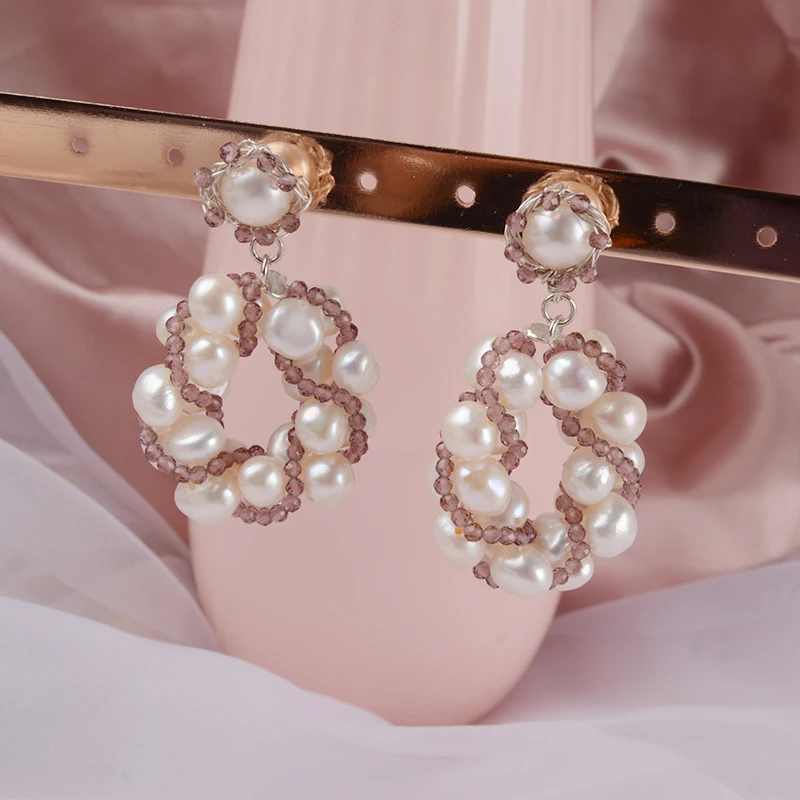 ASHIQI Natural Big Pearls Drop Earrings for Women with Purple Crystal Beads Handmade 925 Sterling Silver Jewelry | Украшения и