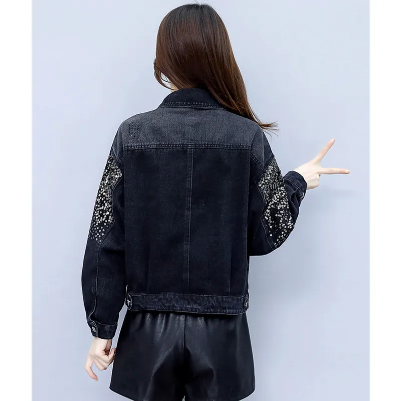 

Fashion Sequined Denim Jacket Women 2021 Spring Autumn Loose Casual Pockets Basic Outerwear Plus Size Short Bomber Overcoat S138