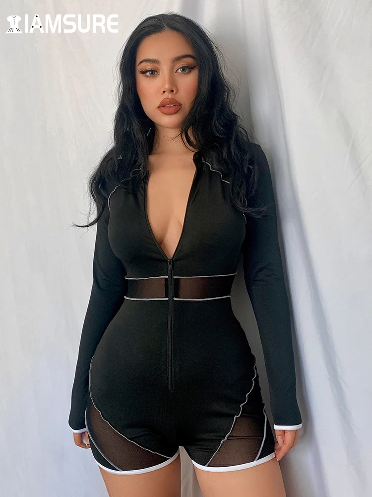 

Сексуальные облегающие сетчатые комбинезоны IAMSURE в стиле пэчворк, облегающие комбинезоны с отложным воротником, на молнии, с длинным рукаво...